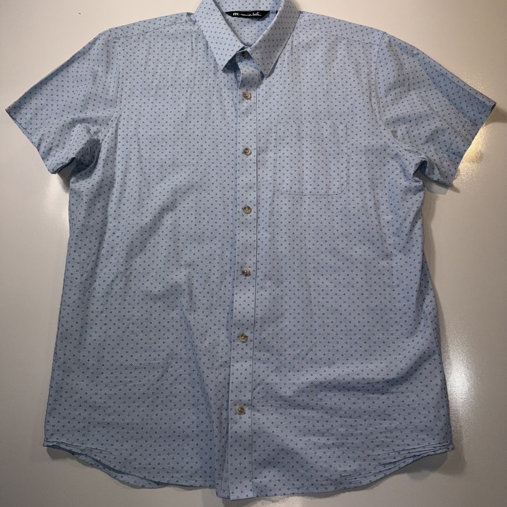 Travis Mathew Button Up Golf Shirt Gray Stretch Short Sleeve Mens‎ Large Lt Blue